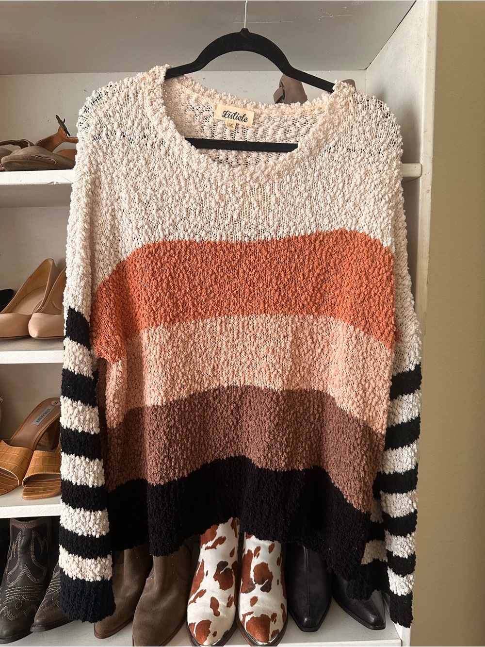 Listicle Striped Popcorn Knit Sweater - Cream, Rust, Blush, Brown & Black